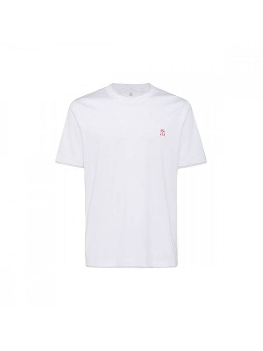Men's Logo Embroidered Crew Neck Short Sleeve T-Shirt White Red - BRUNELLO CUCINELLI - BALAAN 1
