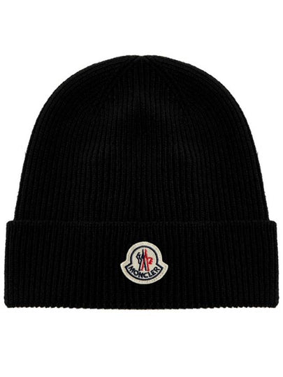 Logo Patch Wool Beanie Black - MONCLER - BALAAN 2