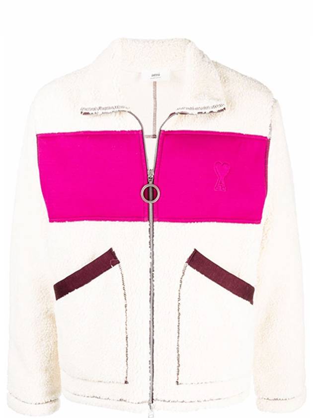 Heart Logo Fleece Fur Zip-Up Jacket Off-White Fuchsia - AMI - BALAAN 2