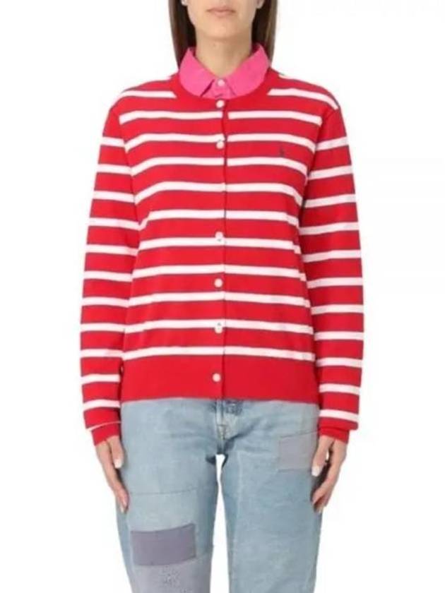 Embroidery Logo Striped Crew Neck Cardigan Red - POLO RALPH LAUREN - BALAAN 2