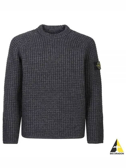 Knotted Ribbed Stitch Pure Wool Crewneck Knit Top Steel Grey Melange - STONE ISLAND - BALAAN
