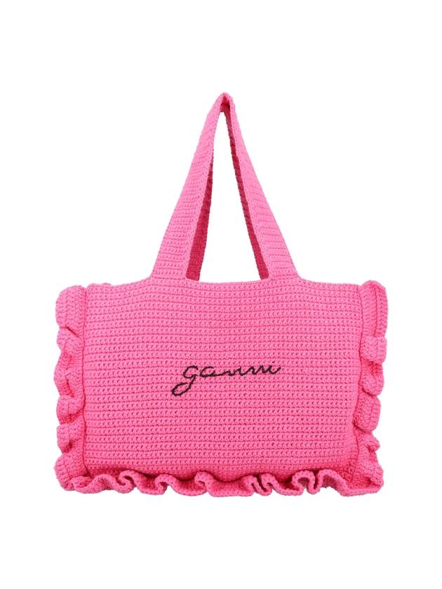 Women's Crochet Ruffle Embroidered Logo Cotton Tote Bag Shocking Pink - GANNI - BALAAN 1