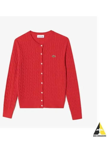 Women s Cable Crew Neck Cardigan Red - LACOSTE - BALAAN 1