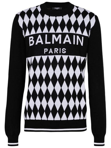 'Diamond' Black And White Two Tone Jacquard Jumper With Balmain Motif In Wool Man - BALMAIN - BALAAN 1