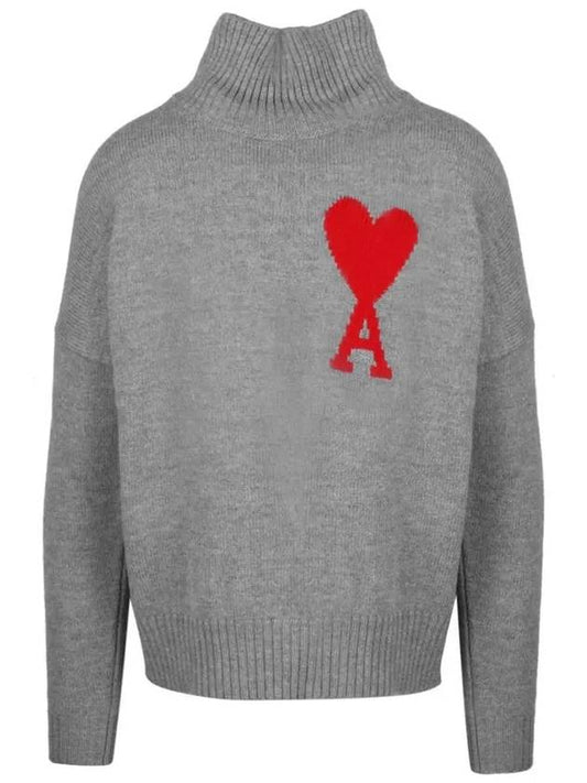 Big Heart Logo Funnel Neck Intarsia Sweater Heather Gray - AMI - BALAAN.