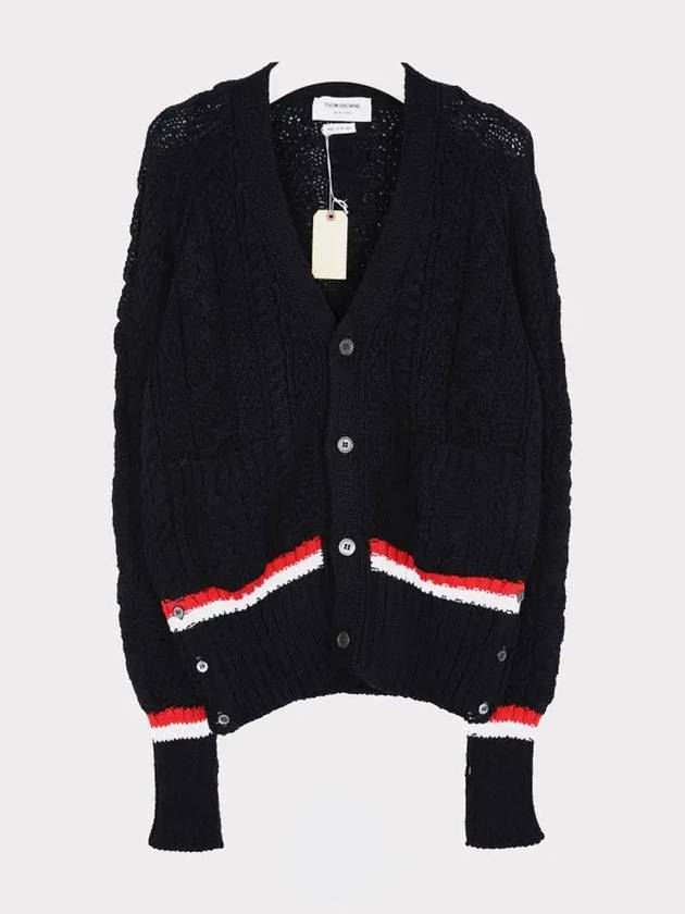 Men's Navy Striped Aran Cable V-neck Cardigan - THOM BROWNE - BALAAN.