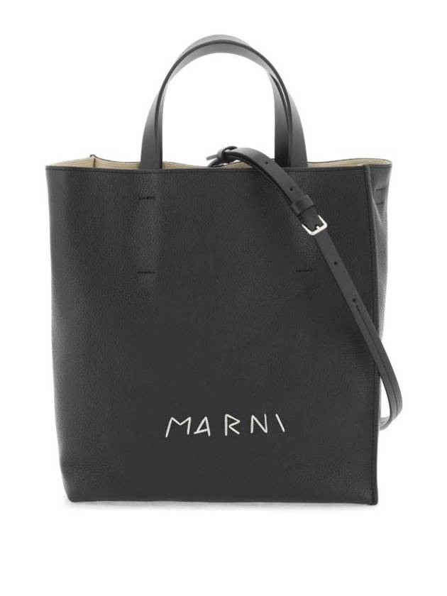 Embroidered Logo Leather Tote Bag Black - MARNI - BALAAN 1