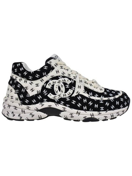 All Over CC Logo Print Suede Low Top Sneakers Black White - CHANEL - BALAAN.