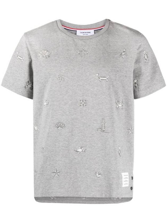 Embroidered Cotton Short Sleeve T-Shirt Grey - THOM BROWNE - BALAAN 1