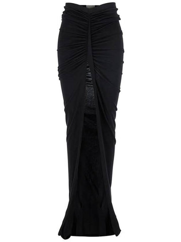 'Edfu' Black Long Skirt With Drapes And Front Slit In Tech Fabric Woman - RICK OWENS - BALAAN 1