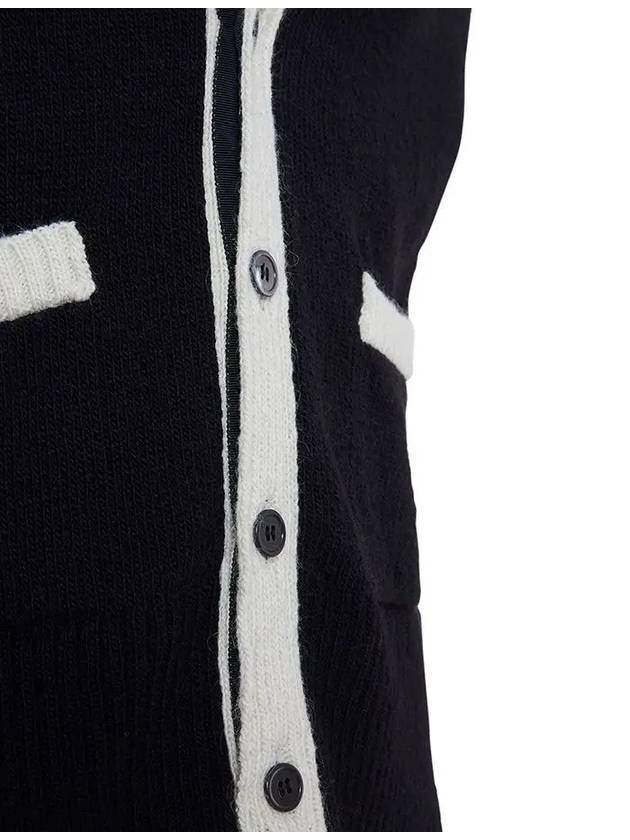 4bar stripe jacquard white line Vneck wool cardigan black - THOM BROWNE - BALAAN 4