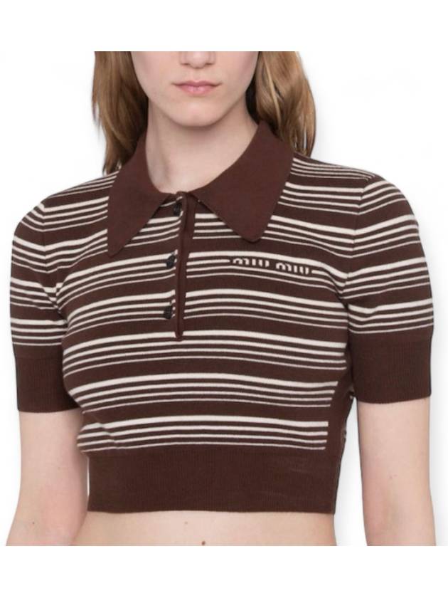 Geek chic striped polo logo cropped collar short sleeve knit MML797 - MIU MIU - BALAAN 5