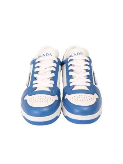 Men's Downtown Triangle Logo Leather Low Top Sneakers White Cobalt Blue - PRADA - BALAAN 2