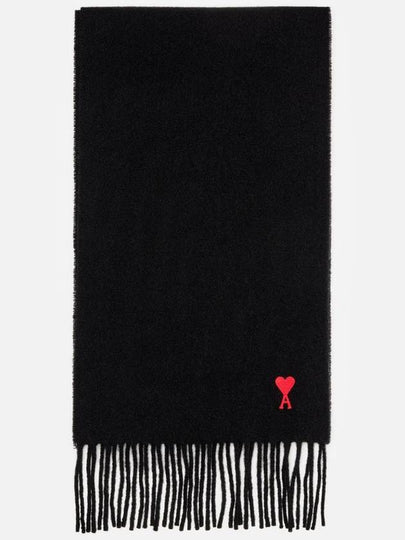 Small Heart Logo Classic Wool Fringe Scarf Black - AMI - BALAAN 2