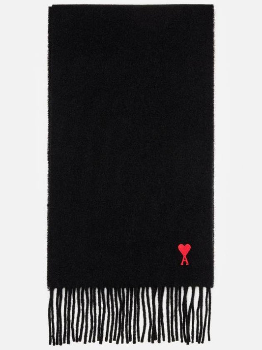 Small Heart Logo Classic Wool Fringe Scarf Black - AMI - BALAAN.