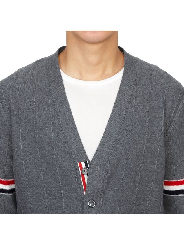 RWB V-neck Striped Virgin Wool Cardigan Grey - THOM BROWNE - BALAAN 7