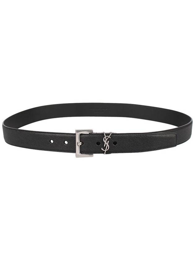 Silver Hardware Monogram Buckle Leather Belt Black - SAINT LAURENT - BALAAN 3