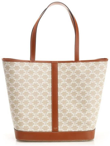 Medium Cabas Triomphe Canvas Calfskin Tote Bag Grege - CELINE - BALAAN 1