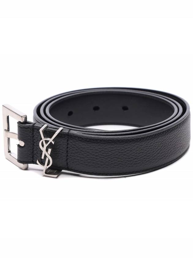 Grained Leather Silver Monogram Belt Black - SAINT LAURENT - BALAAN 4