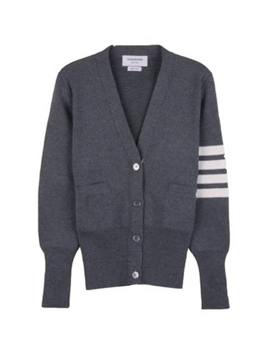 Milano Stitch 4 Bar Classic V Neck Fine Merino Wool Cardigan Medium Grey - THOM BROWNE - BALAAN 2