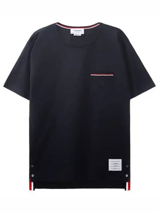 Men's Medium Weight Jersey Tipped Pocket Crewneck Short Short Sleeve T-Shirt Navy - THOM BROWNE - BALAAN 2