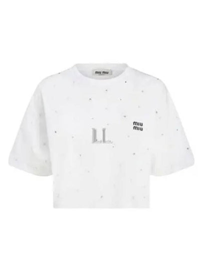 Embroidered Logo Crop Cotton Short Sleeved T-shirt White - MIU MIU - BALAAN 2