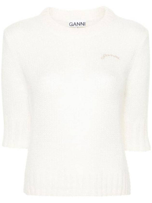 Embroidered Logo Knit Top Ivory - GANNI - BALAAN 1