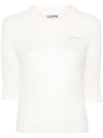 Embroidered Logo Knit Top Ivory - GANNI - BALAAN 1