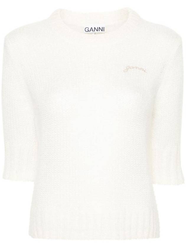 Embroidered Logo Knit Top Ivory - GANNI - BALAAN 1