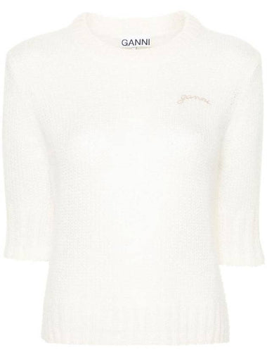 Embroidered Logo Knit Top Ivory - GANNI - BALAAN 1