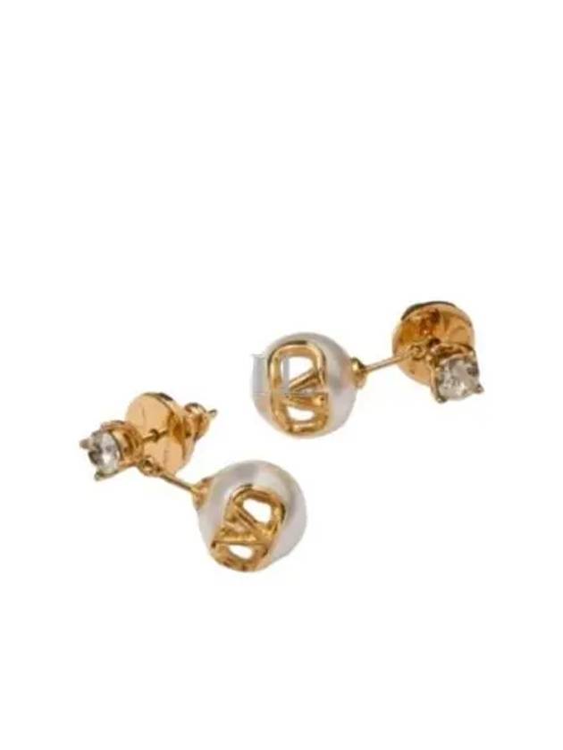 V Logo Crystal Pearl Earrings Gold - VALENTINO - BALAAN 2