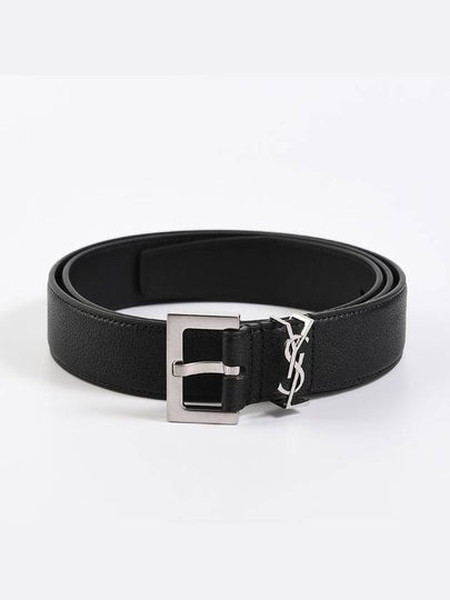 Silver Hardware Monogram Buckle Leather Belt Black - SAINT LAURENT - BALAAN 2