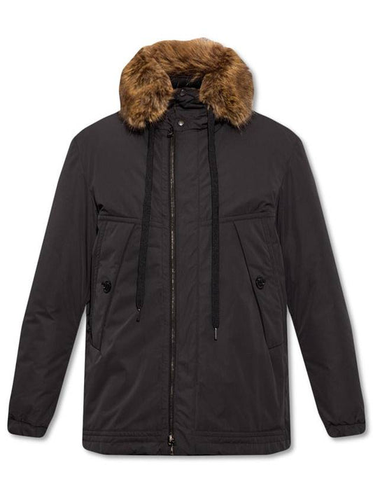 Reversible POUPAUD Patch Fur Hood Down Padding Black - MONCLER - BALAAN.