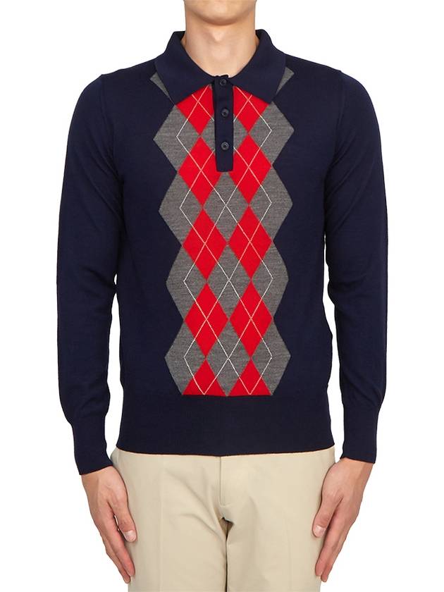 Argyle Check Merino Wool Long Sleeve Polo Shirt Navy - AMI - BALAAN 2