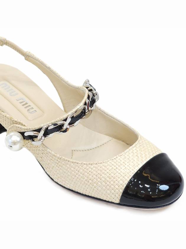 Pearl Embellished Patent Leather Raffia Slingback Pumps Tan Black - MIU MIU - BALAAN 7