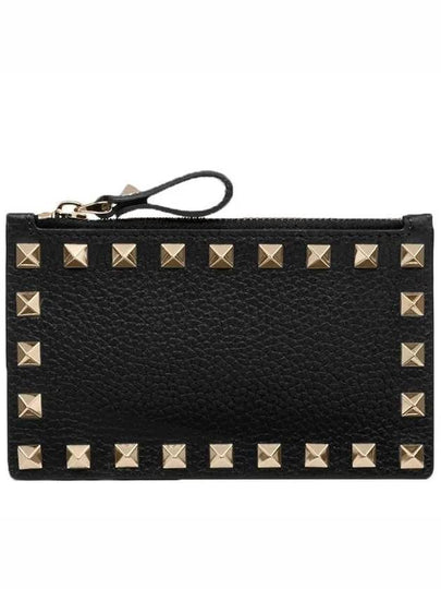 Rockstud Zipper Leather Card Wallet Black - VALENTINO - BALAAN 2