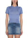 Women's ORB Logo Wool Silk Blend Crop Knit Top Blue - VIVIENNE WESTWOOD - BALAAN 2