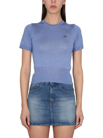 Women's ORB Logo Wool Silk Blend Crop Knit Top Blue - VIVIENNE WESTWOOD - BALAAN 2