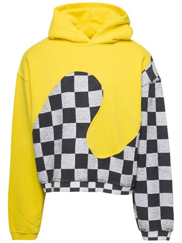 Yellow Check Pattern Panelled Hoodie In Cotton Unisex - ERL - BALAAN 1