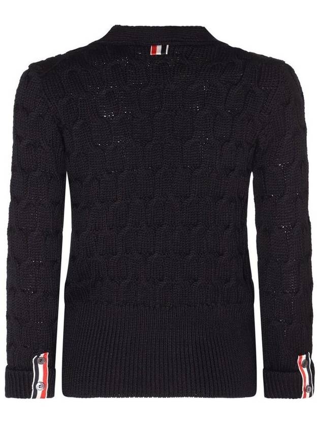 Merino Wool Crisscross Cable Stitch 3/4 Sleeve V-Neck Cardigan Navy - THOM BROWNE - BALAAN 8