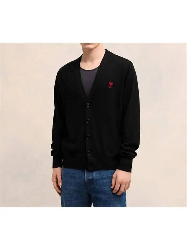 Red Heart Logo Merino Wool Cardigan Black - AMI - BALAAN 4