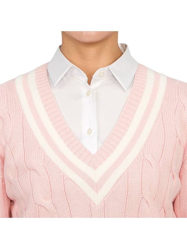 Women's Embroidered Logo Striped Cotton Knit Top Baby Pink - SPORTY & RICH - BALAAN 7