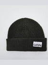 Logo Patch Ribbed Knit Beanie Khaki - GANNI - BALAAN 6