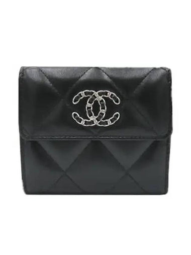 19 CC Logo Flap Tri-Fold Lambskin Half Wallet Black - CHANEL - BALAAN 1