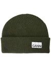 Logo Patch Ribbed Knit Beanie Khaki - GANNI - BALAAN 2