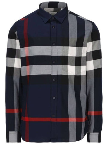 Men's Checked Stretch Cotton Poplin Long Sleeve Shirt Navy - BURBERRY - BALAAN.