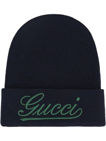 Embroidered Logo Wool Beanie Navy - GUCCI - BALAAN 2