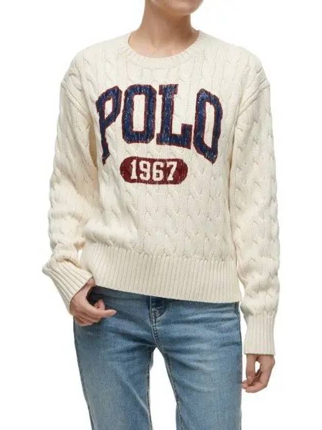 W logo cable knit crewneck cotton sweater beige - POLO RALPH LAUREN - BALAAN 1