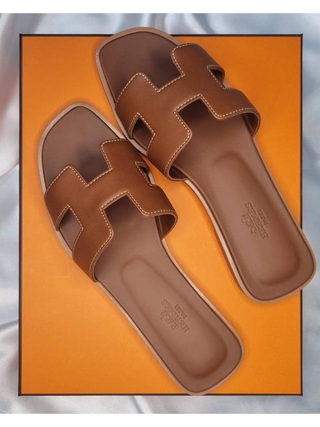 Oran Calfskin Slippers Gold Piqures Ecrues - HERMES - BALAAN 4