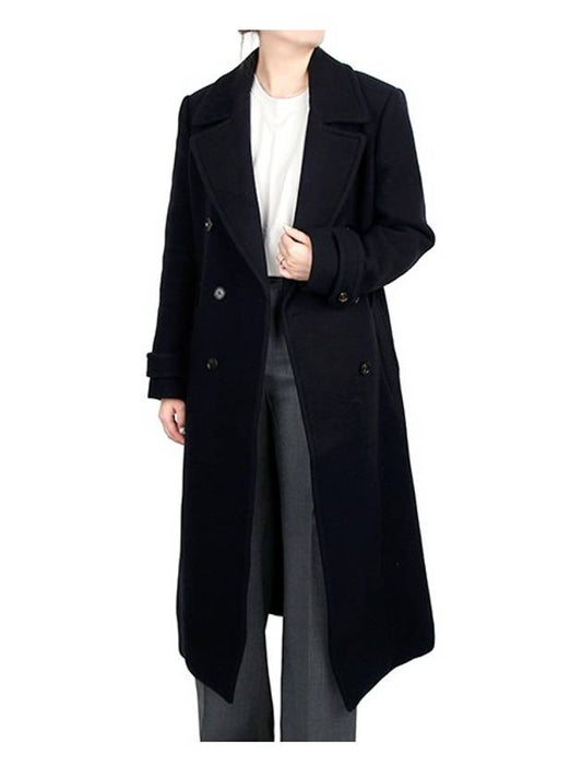 Double Breasted Wool Over Long Double Coat Navy - CHLOE - BALAAN 2